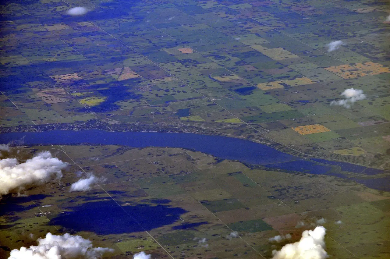 Aerial view of Last Mountain Lake and farmland, 2013